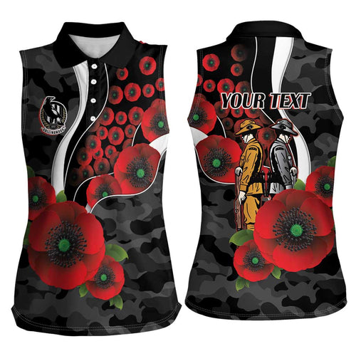 Collingwood Magpies ANZAC Personalised Women Sleeveless Polo Shirt Lest We Forget Poppy Camo
