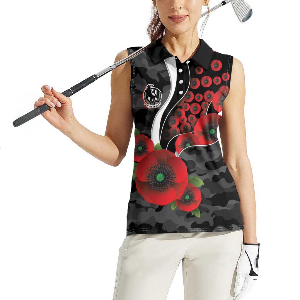 Collingwood Magpies ANZAC Personalised Women Sleeveless Polo Shirt Lest We Forget Poppy Camo