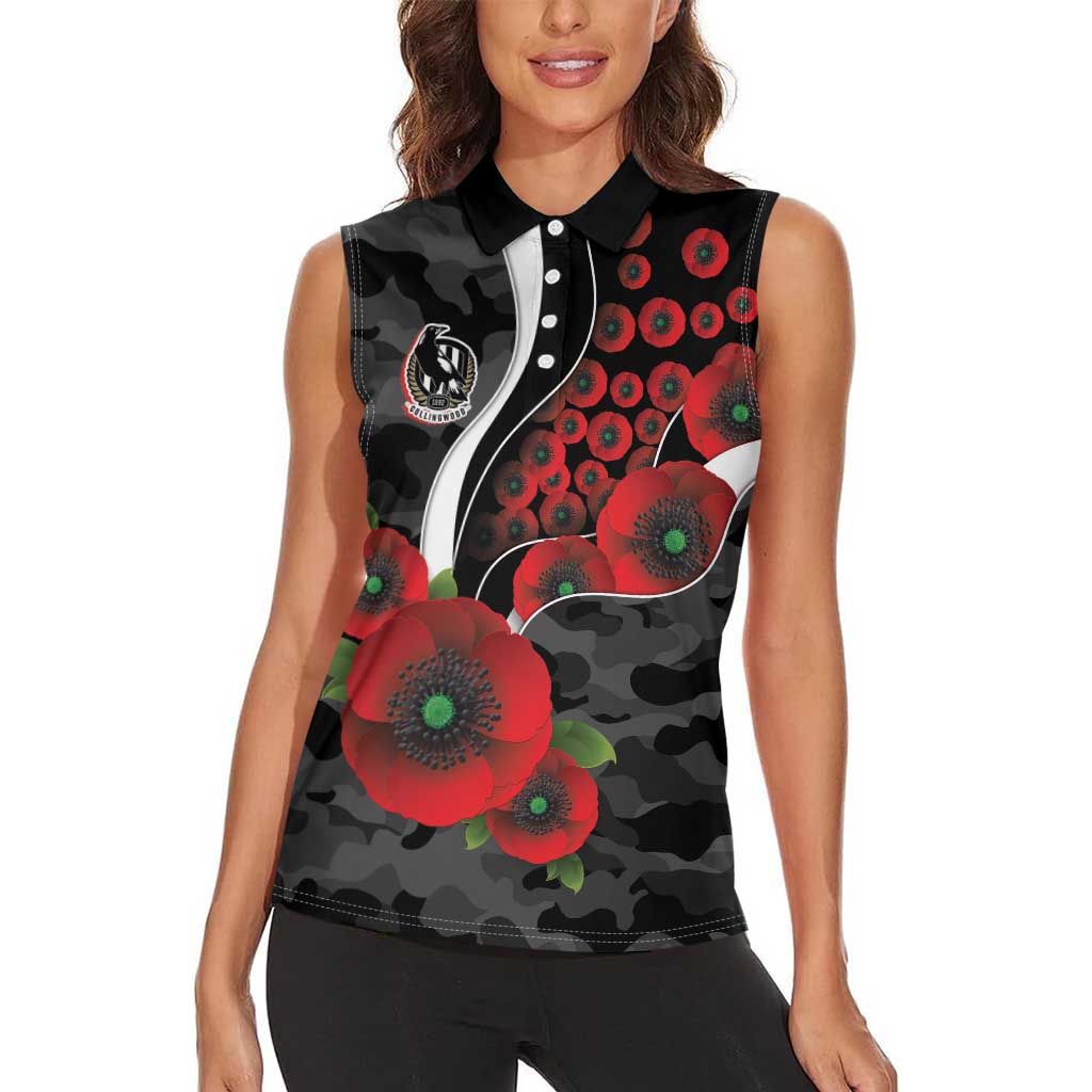 Collingwood Magpies ANZAC Personalised Women Sleeveless Polo Shirt Lest We Forget Poppy Camo