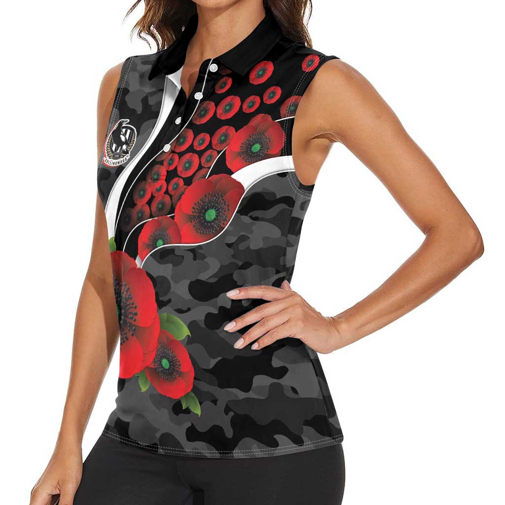 Collingwood Magpies ANZAC Personalised Women Sleeveless Polo Shirt Lest We Forget Poppy Camo