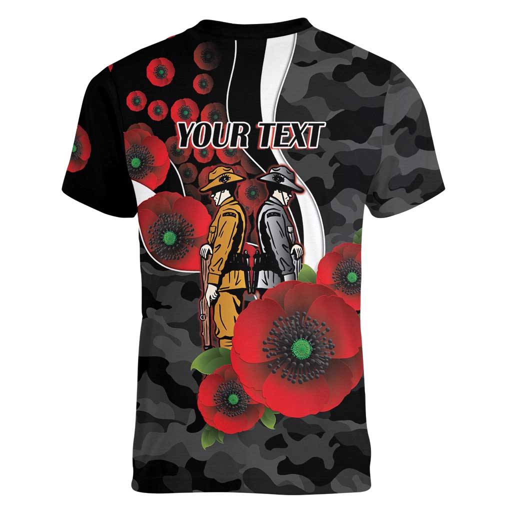 Collingwood Magpies ANZAC Personalised Women V-Neck T-Shirt Lest We Forget Poppy Camo