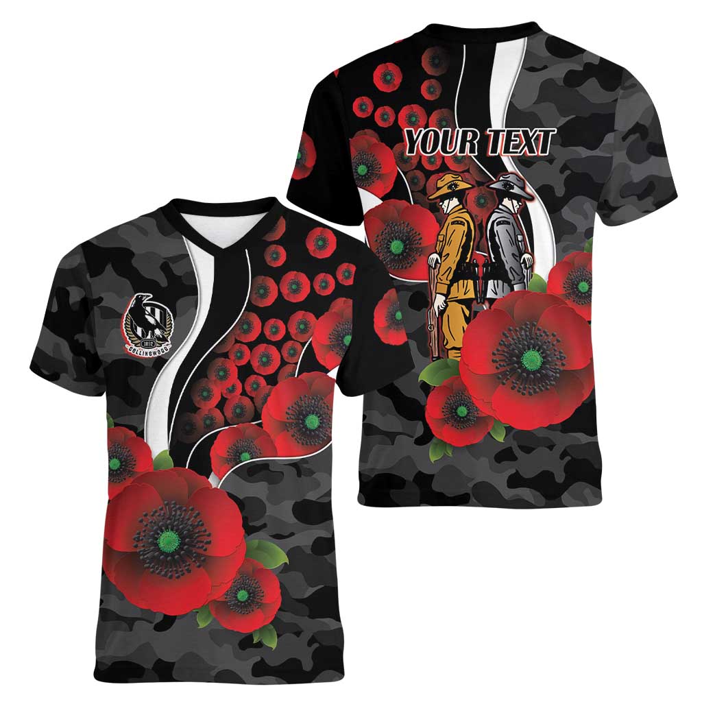 Collingwood Magpies ANZAC Personalised Women V-Neck T-Shirt Lest We Forget Poppy Camo