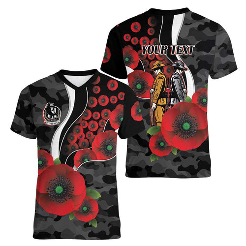 Collingwood Magpies ANZAC Personalised Women V-Neck T-Shirt Lest We Forget Poppy Camo