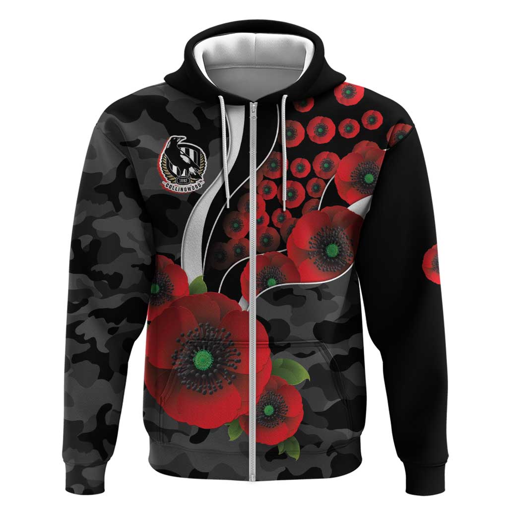Collingwood Magpies ANZAC Personalised Zip Hoodie Lest We Forget Poppy Camo