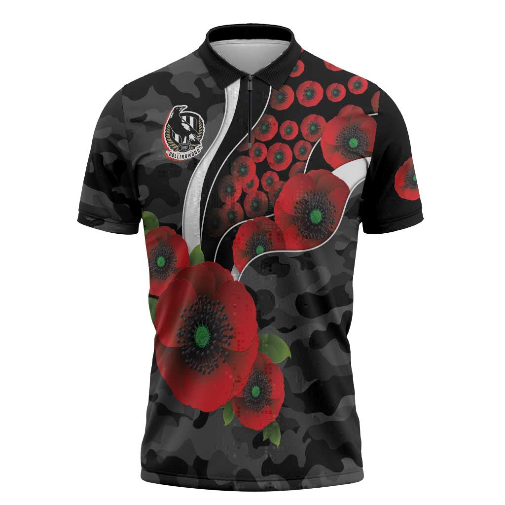 Collingwood Magpies ANZAC Personalised Zipper Polo Shirt Lest We Forget Poppy Camo