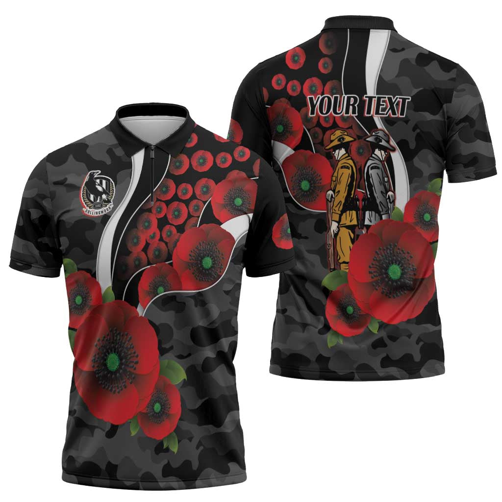 Collingwood Magpies ANZAC Personalised Zipper Polo Shirt Lest We Forget Poppy Camo