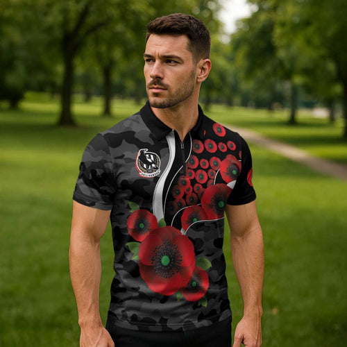 Collingwood Magpies ANZAC Personalised Zipper Polo Shirt Lest We Forget Poppy Camo