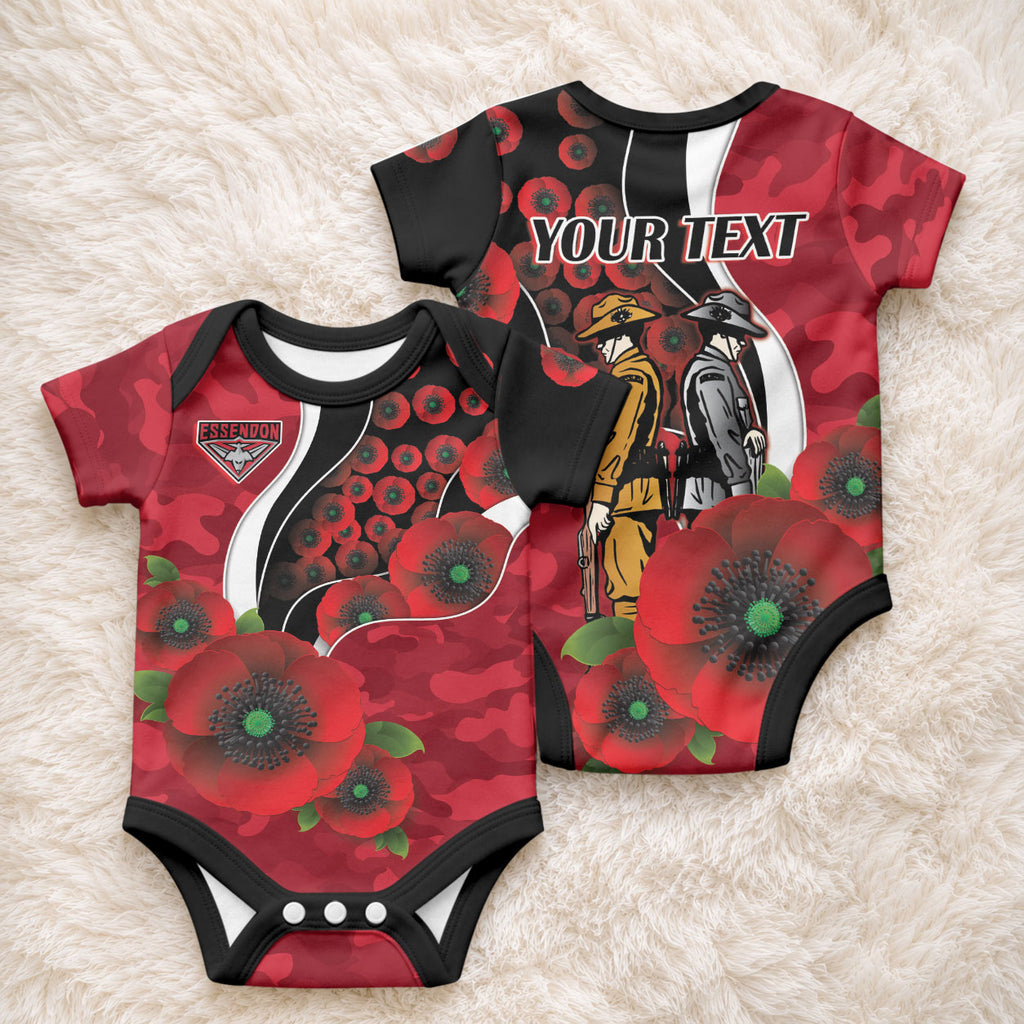 Essendon Bombers ANZAC Personalised Baby Onesie Lest We Forget Poppy Camo