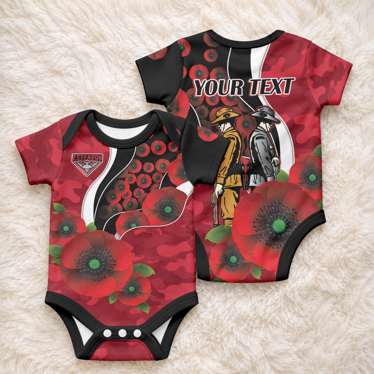 Essendon Bombers ANZAC Personalised Baby Onesie Lest We Forget Poppy Camo