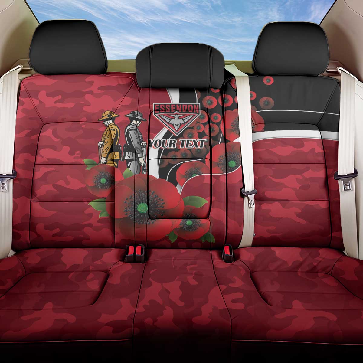 Essendon Bombers ANZAC Personalised Back Car Seat Cover Lest We Forget Poppy Camo