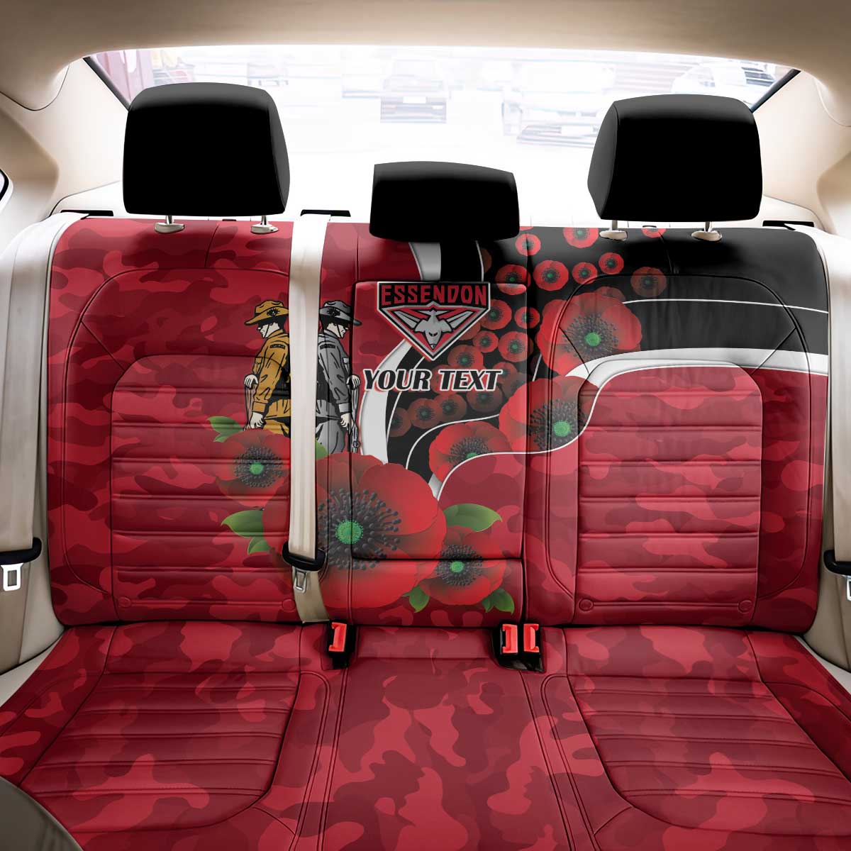 Essendon Bombers ANZAC Personalised Back Car Seat Cover Lest We Forget Poppy Camo
