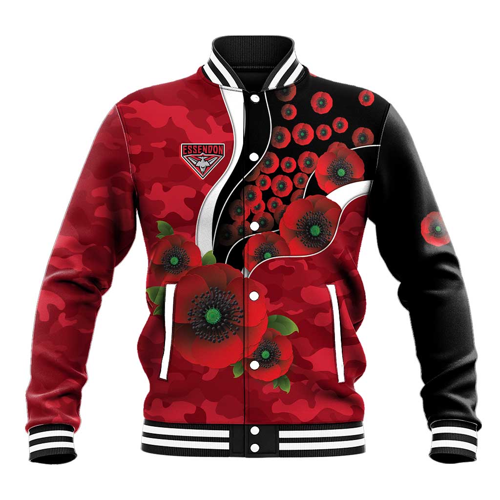 Essendon Bombers ANZAC Personalised Baseball Jacket Lest We Forget Poppy Camo