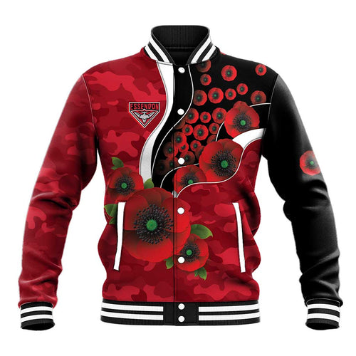 Essendon Bombers ANZAC Personalised Baseball Jacket Lest We Forget Poppy Camo