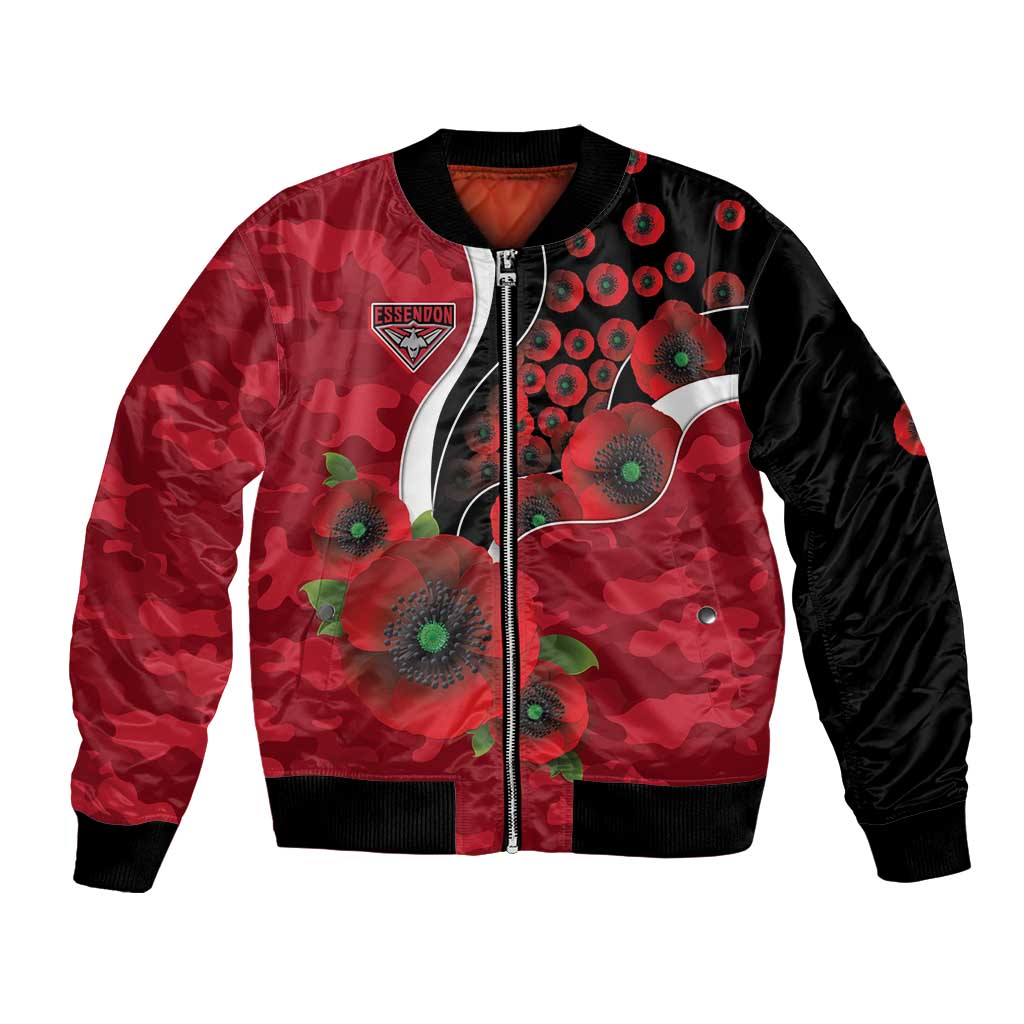Essendon Bombers ANZAC Personalised Bomber Jacket Lest We Forget Poppy Camo
