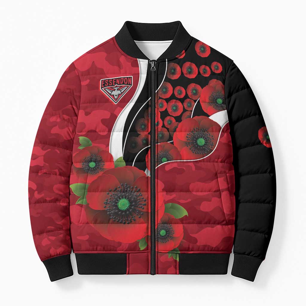 Essendon Bombers ANZAC Personalised Bomber Puffer Jacket Lest We Forget Poppy Camo