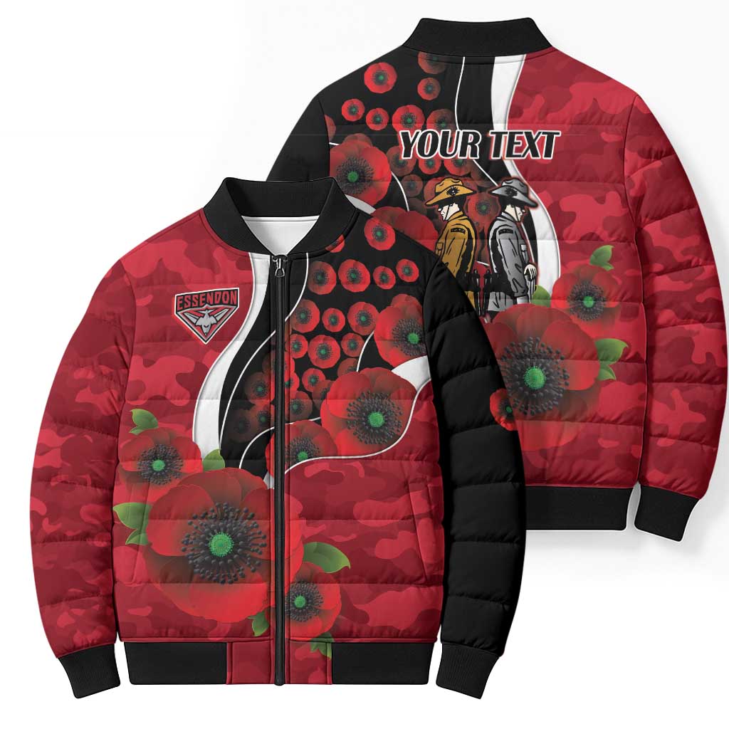 Essendon Bombers ANZAC Personalised Bomber Puffer Jacket Lest We Forget Poppy Camo