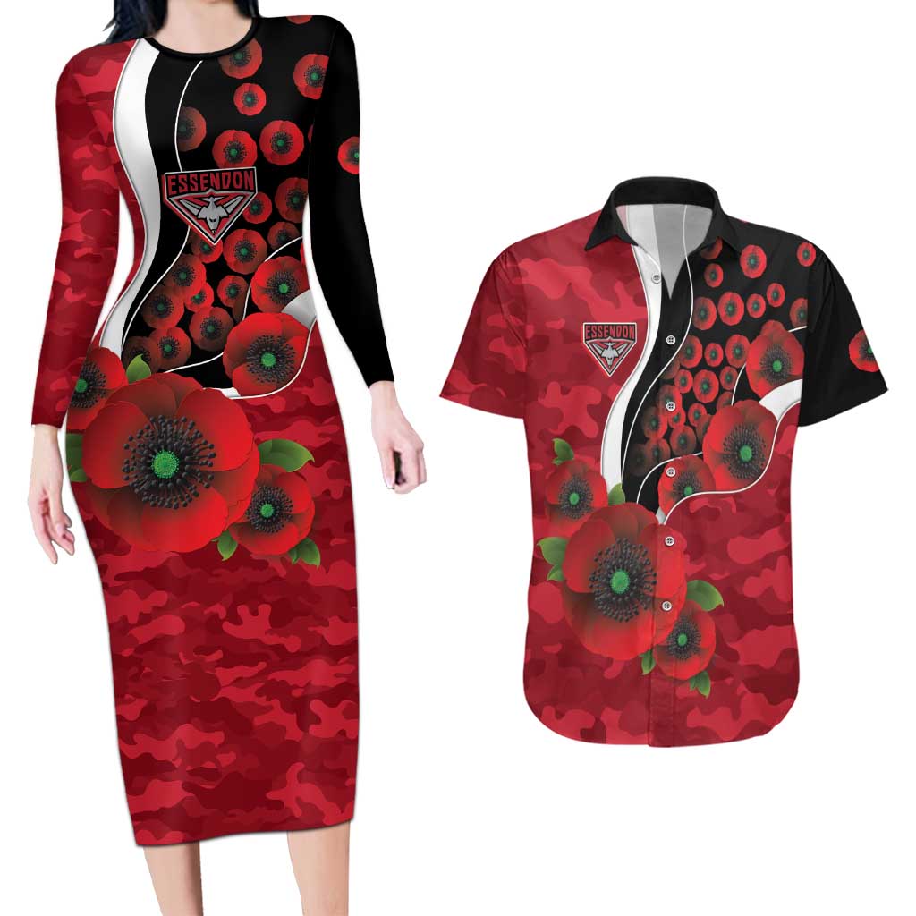 Essendon Bombers ANZAC Personalised Couples Matching Long Sleeve Bodycon Dress and Hawaiian Shirt Lest We Forget Poppy Camo