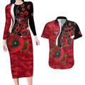 Essendon Bombers ANZAC Personalised Couples Matching Long Sleeve Bodycon Dress and Hawaiian Shirt Lest We Forget Poppy Camo