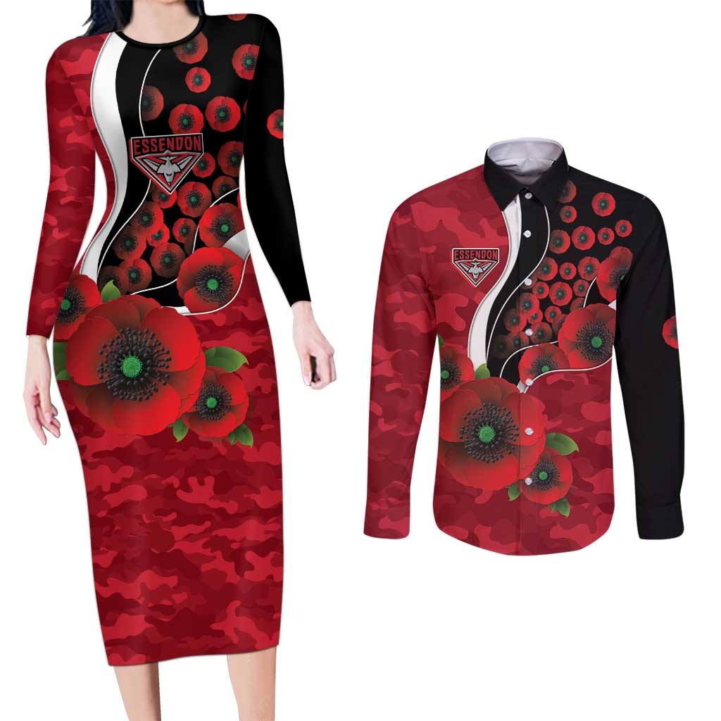 Essendon Bombers ANZAC Personalised Couples Matching Long Sleeve Bodycon Dress and Long Sleeve Button Shirt Lest We Forget Poppy Camo