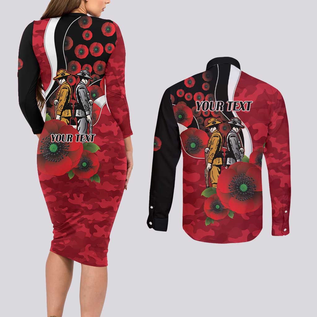 Essendon Bombers ANZAC Personalised Couples Matching Long Sleeve Bodycon Dress and Long Sleeve Button Shirt Lest We Forget Poppy Camo