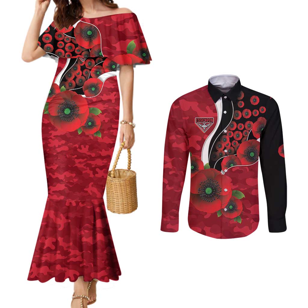 Essendon Bombers ANZAC Personalised Couples Matching Mermaid Dress and Long Sleeve Button Shirt Lest We Forget Poppy Camo