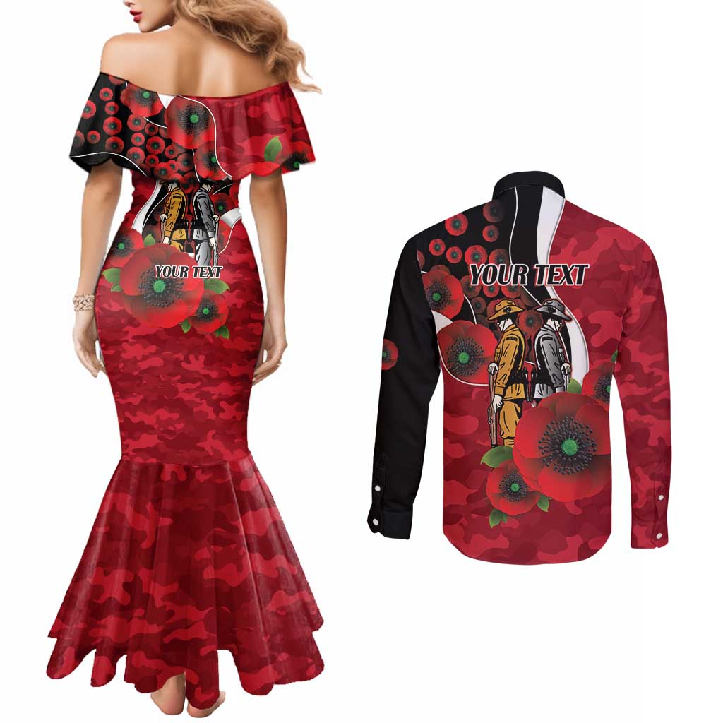 Essendon Bombers ANZAC Personalised Couples Matching Mermaid Dress and Long Sleeve Button Shirt Lest We Forget Poppy Camo