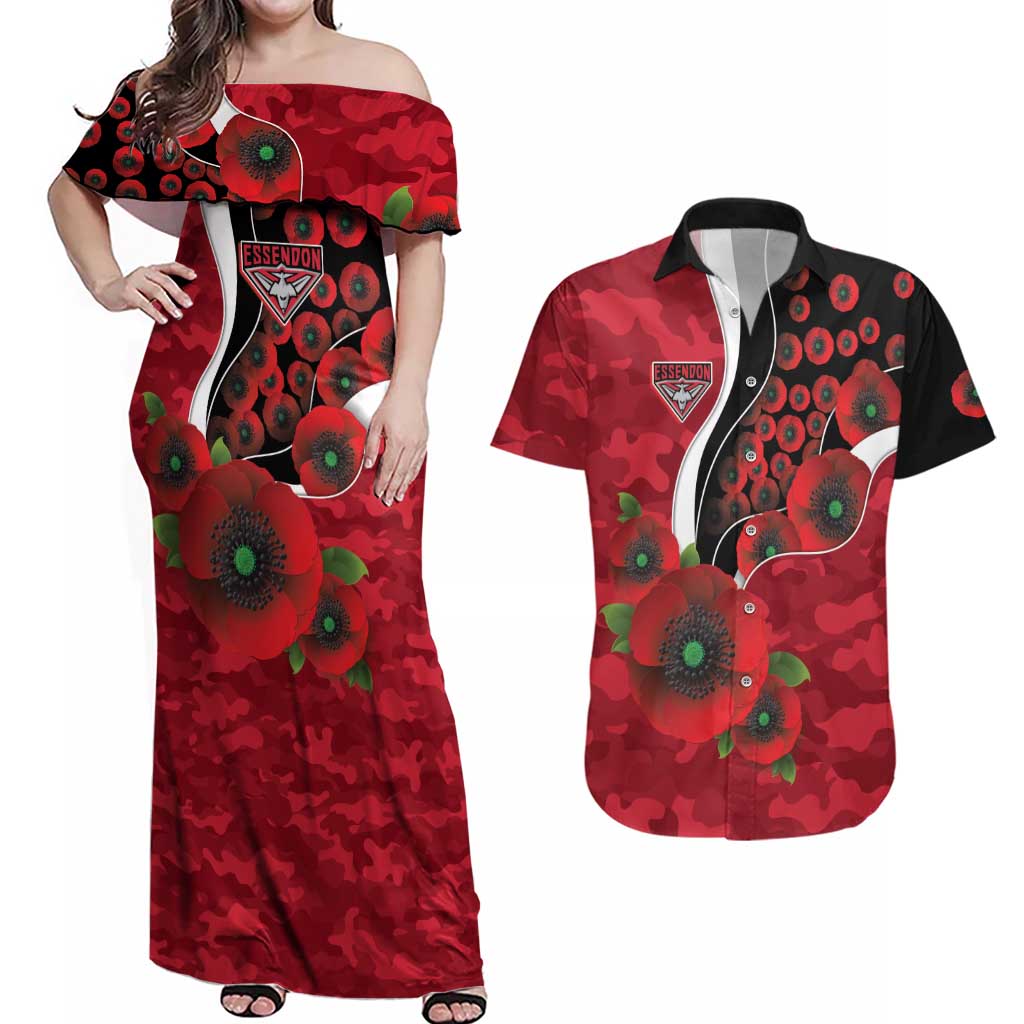 Essendon Bombers ANZAC Personalised Couples Matching Off Shoulder Maxi Dress and Hawaiian Shirt Lest We Forget Poppy Camo