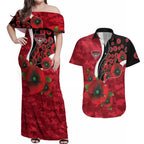 Essendon Bombers ANZAC Personalised Couples Matching Off Shoulder Maxi Dress and Hawaiian Shirt Lest We Forget Poppy Camo