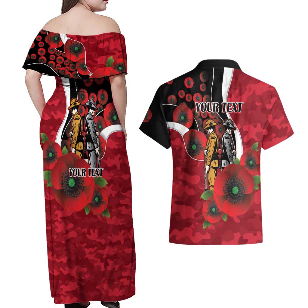 Essendon Bombers ANZAC Personalised Couples Matching Off Shoulder Maxi Dress and Hawaiian Shirt Lest We Forget Poppy Camo
