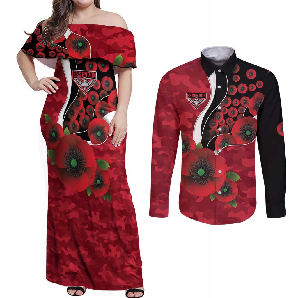 Essendon Bombers ANZAC Personalised Couples Matching Off Shoulder Maxi Dress and Long Sleeve Button Shirt Lest We Forget Poppy Camo