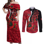 Essendon Bombers ANZAC Personalised Couples Matching Off Shoulder Maxi Dress and Long Sleeve Button Shirt Lest We Forget Poppy Camo