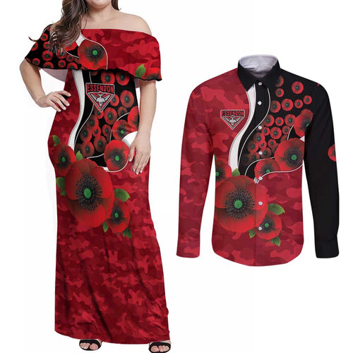 Essendon Bombers ANZAC Personalised Couples Matching Off Shoulder Maxi Dress and Long Sleeve Button Shirt Lest We Forget Poppy Camo