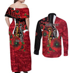Essendon Bombers ANZAC Personalised Couples Matching Off Shoulder Maxi Dress and Long Sleeve Button Shirt Lest We Forget Poppy Camo