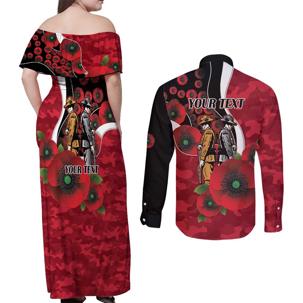 Essendon Bombers ANZAC Personalised Couples Matching Off Shoulder Maxi Dress and Long Sleeve Button Shirt Lest We Forget Poppy Camo