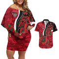 Essendon Bombers ANZAC Personalised Couples Matching Off Shoulder Short Dress and Hawaiian Shirt Lest We Forget Poppy Camo