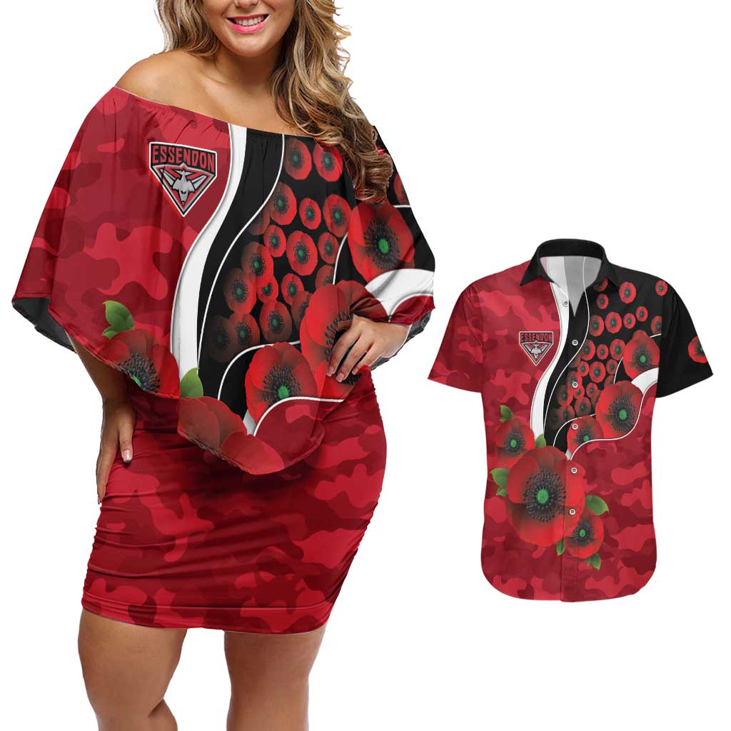 Essendon Bombers ANZAC Personalised Couples Matching Off Shoulder Short Dress and Hawaiian Shirt Lest We Forget Poppy Camo