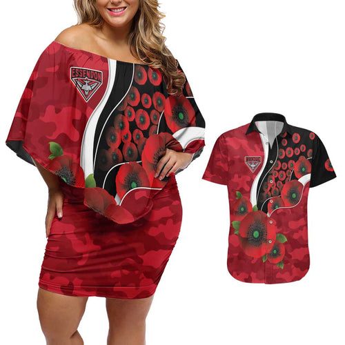 Essendon Bombers ANZAC Personalised Couples Matching Off Shoulder Short Dress and Hawaiian Shirt Lest We Forget Poppy Camo