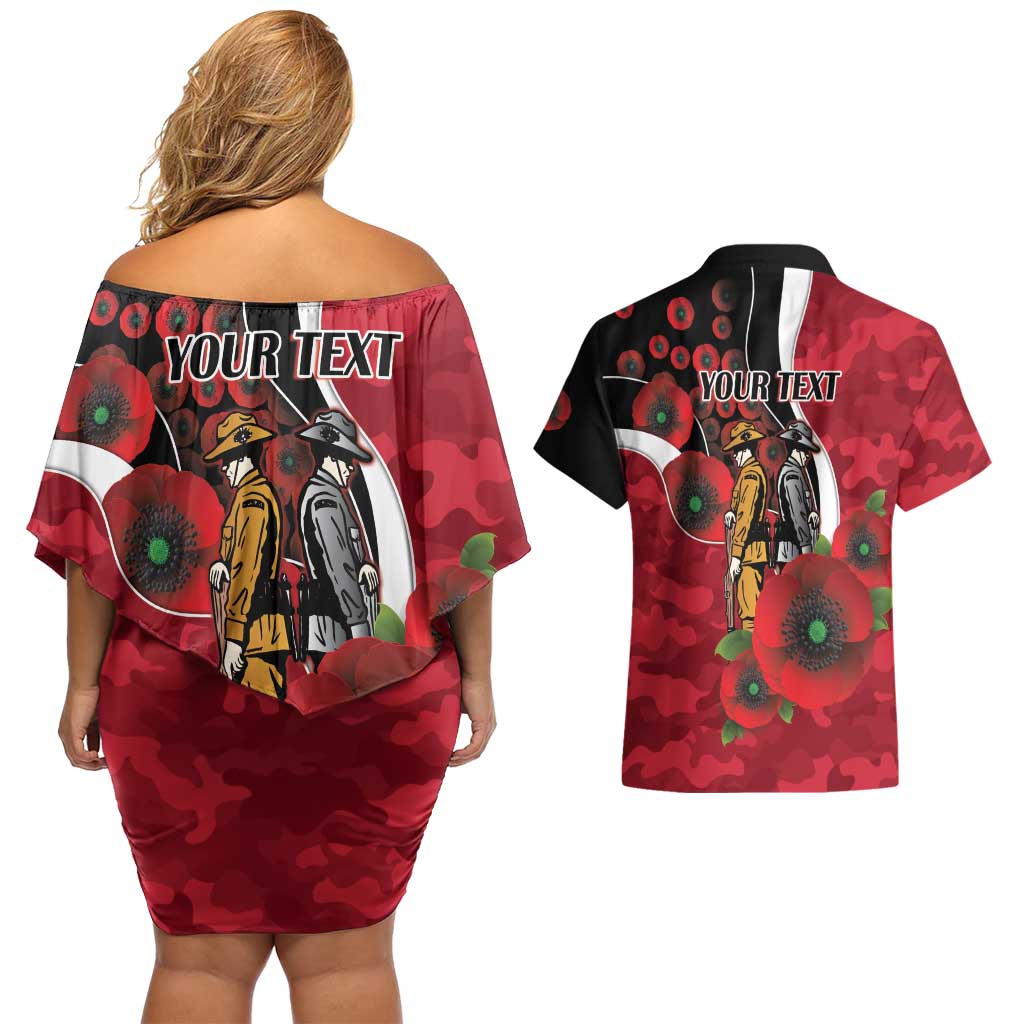 Essendon Bombers ANZAC Personalised Couples Matching Off Shoulder Short Dress and Hawaiian Shirt Lest We Forget Poppy Camo