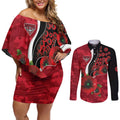 Essendon Bombers ANZAC Personalised Couples Matching Off Shoulder Short Dress and Long Sleeve Button Shirt Lest We Forget Poppy Camo