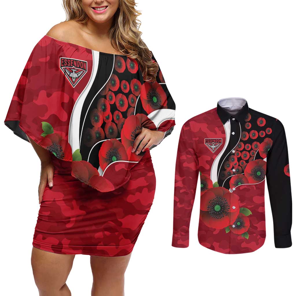 Essendon Bombers ANZAC Personalised Couples Matching Off Shoulder Short Dress and Long Sleeve Button Shirt Lest We Forget Poppy Camo