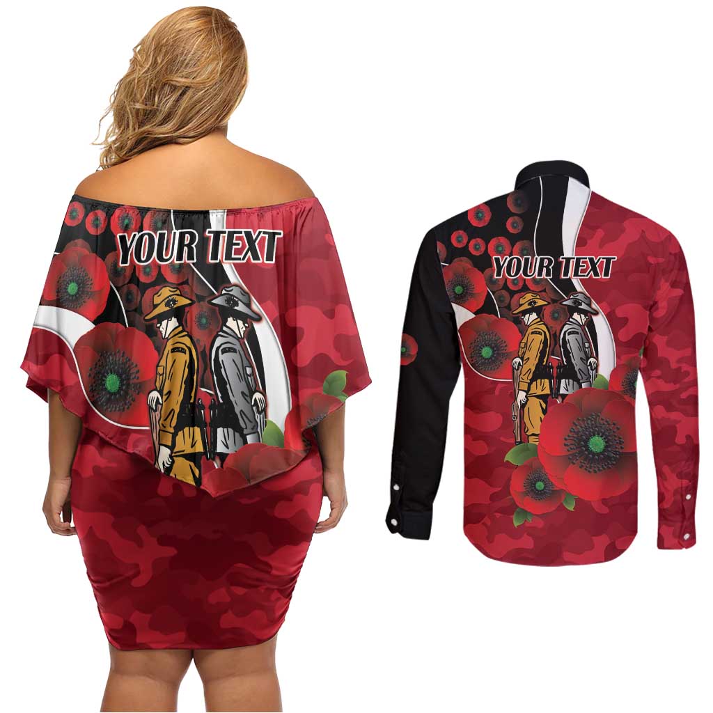 Essendon Bombers ANZAC Personalised Couples Matching Off Shoulder Short Dress and Long Sleeve Button Shirt Lest We Forget Poppy Camo