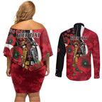 Essendon Bombers ANZAC Personalised Couples Matching Off Shoulder Short Dress and Long Sleeve Button Shirt Lest We Forget Poppy Camo