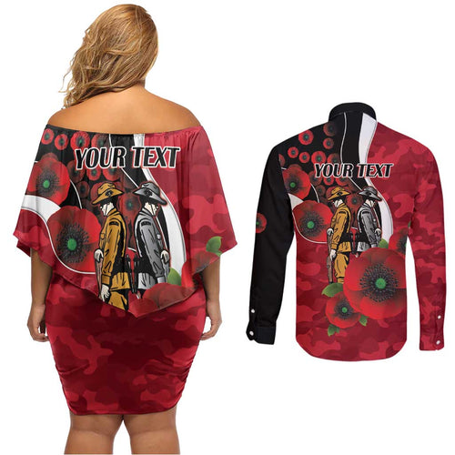 Essendon Bombers ANZAC Personalised Couples Matching Off Shoulder Short Dress and Long Sleeve Button Shirt Lest We Forget Poppy Camo