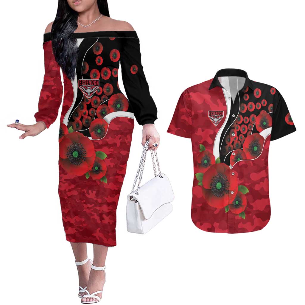 Essendon Bombers ANZAC Personalised Couples Matching Off The Shoulder Long Sleeve Dress and Hawaiian Shirt Lest We Forget Poppy Camo
