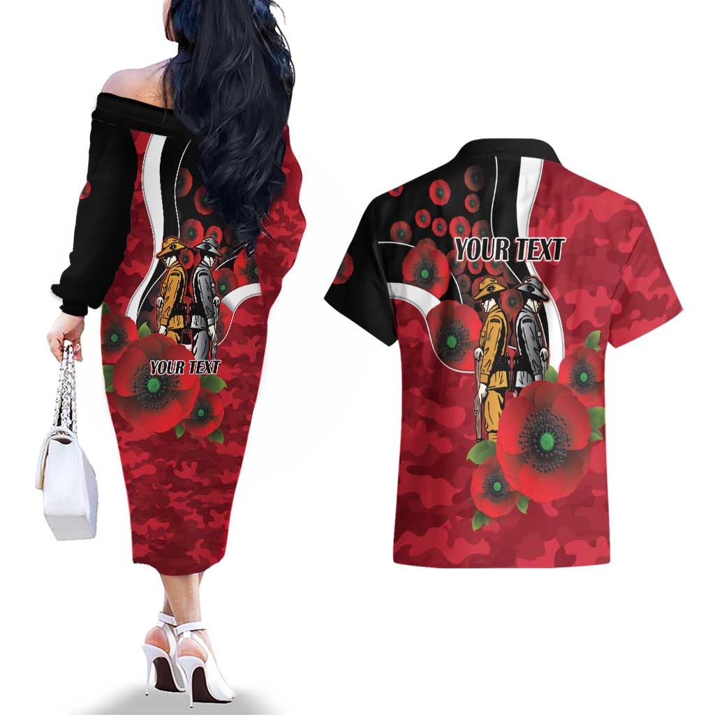 Essendon Bombers ANZAC Personalised Couples Matching Off The Shoulder Long Sleeve Dress and Hawaiian Shirt Lest We Forget Poppy Camo