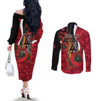 Essendon Bombers ANZAC Personalised Couples Matching Off The Shoulder Long Sleeve Dress and Long Sleeve Button Shirt Lest We Forget Poppy Camo