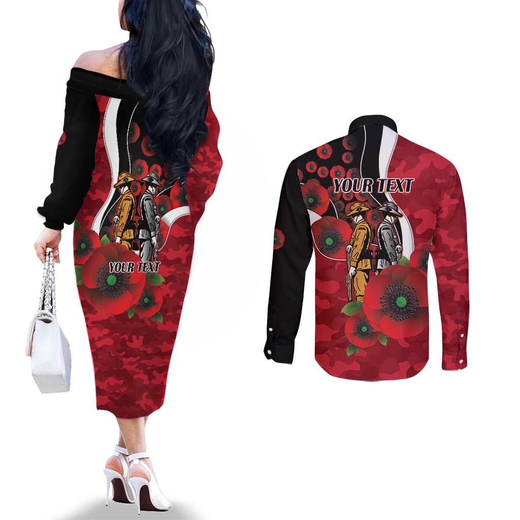 Essendon Bombers ANZAC Personalised Couples Matching Off The Shoulder Long Sleeve Dress and Long Sleeve Button Shirt Lest We Forget Poppy Camo