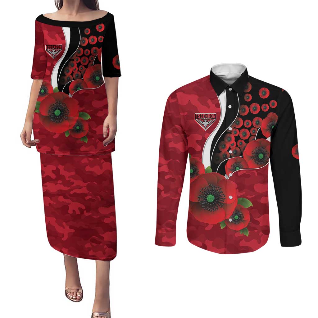 Essendon Bombers ANZAC Personalised Couples Matching Puletasi and Long Sleeve Button Shirt Lest We Forget Poppy Camo
