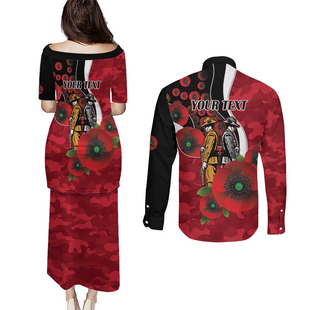 Essendon Bombers ANZAC Personalised Couples Matching Puletasi and Long Sleeve Button Shirt Lest We Forget Poppy Camo