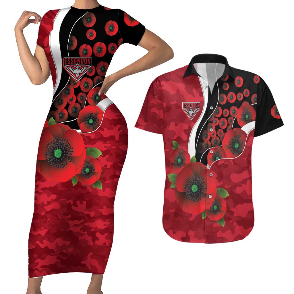 Essendon Bombers ANZAC Personalised Couples Matching Short Sleeve Bodycon Dress and Hawaiian Shirt Lest We Forget Poppy Camo